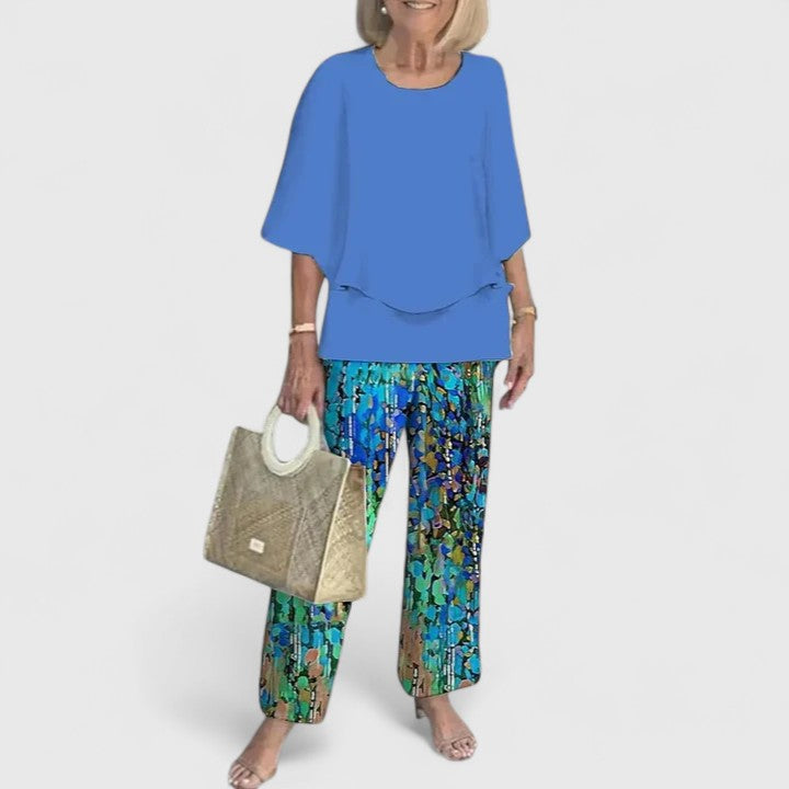 Women's Two-Piece Outfit Set Chiffon Loose Fit Cape Sleeve Top Floral Print Pants