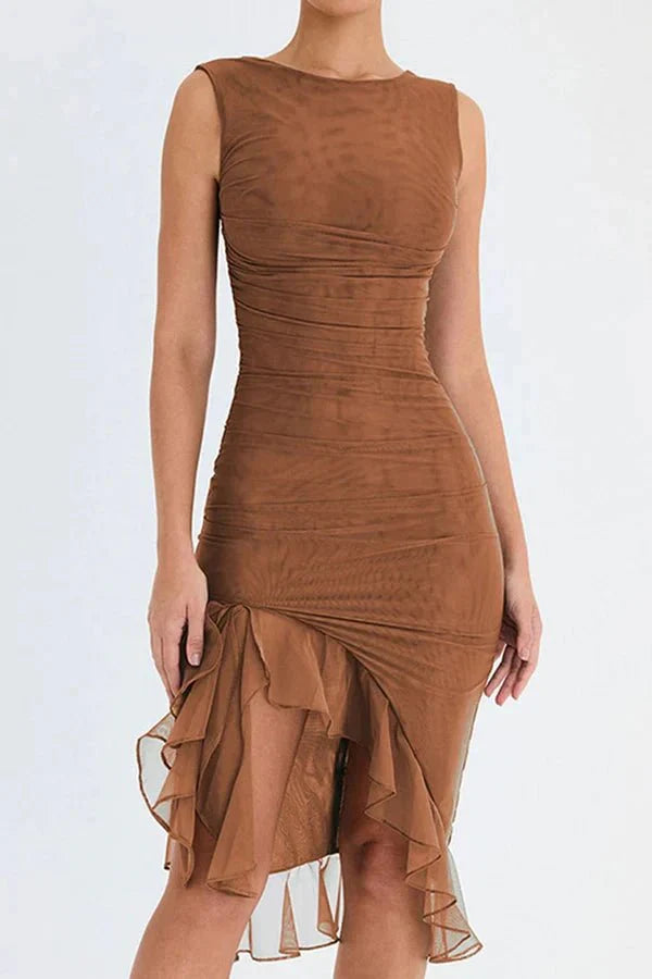 Women's Bodycon Midi Dress Mesh Asymmetrical Ruffle Boat Neck Fitted