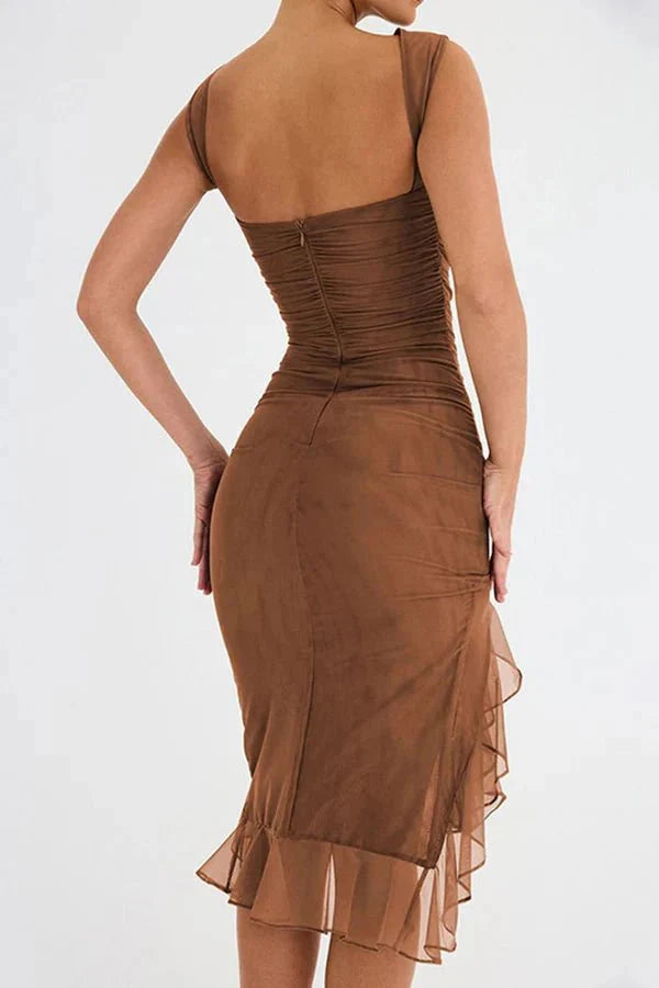 Women's Bodycon Midi Dress Mesh Asymmetrical Ruffle Boat Neck Fitted