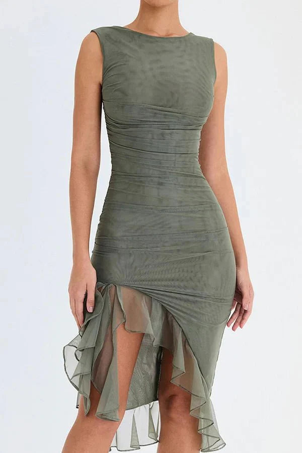 Women's Bodycon Midi Dress Mesh Asymmetrical Ruffle Boat Neck Fitted