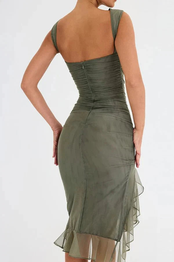 Women's Bodycon Midi Dress Mesh Asymmetrical Ruffle Boat Neck Fitted