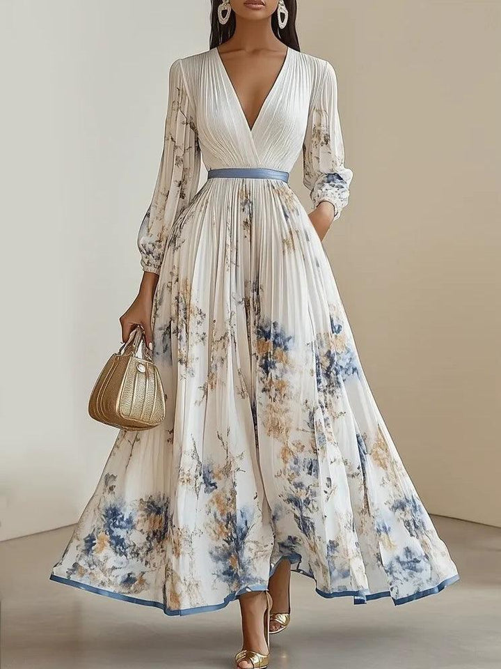Women’s Maxi Dress Chiffon Floral Pleated A-Line V-Neck Long Sleeve Balloon Sleeve