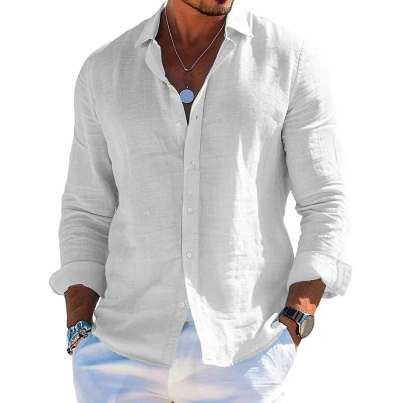 Men's Shirt Linen Blend Button-Up Long Sleeve