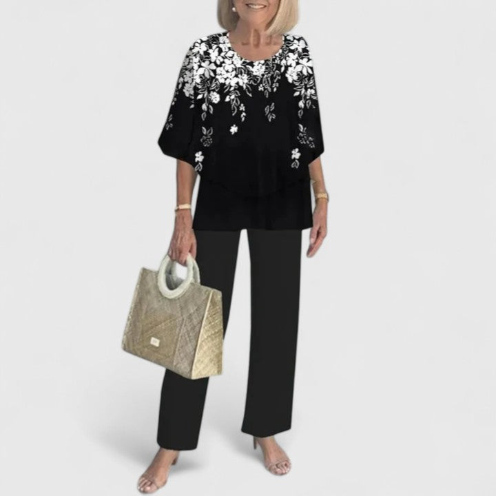 Women's Two-Piece Outfit Set Chiffon Loose Fit Cape Sleeve Top Floral Print Pants