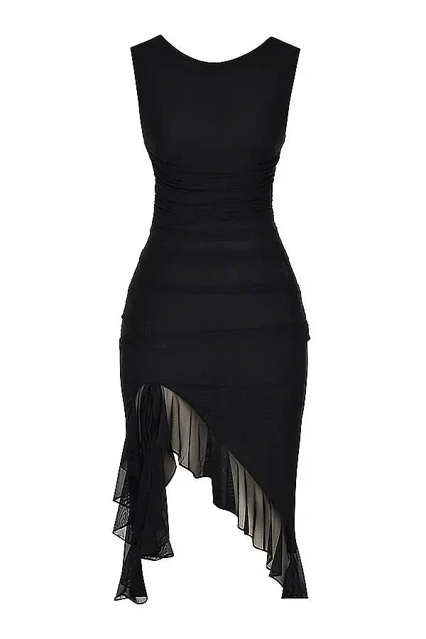 Women's Bodycon Midi Dress Mesh Asymmetrical Ruffle Boat Neck Fitted