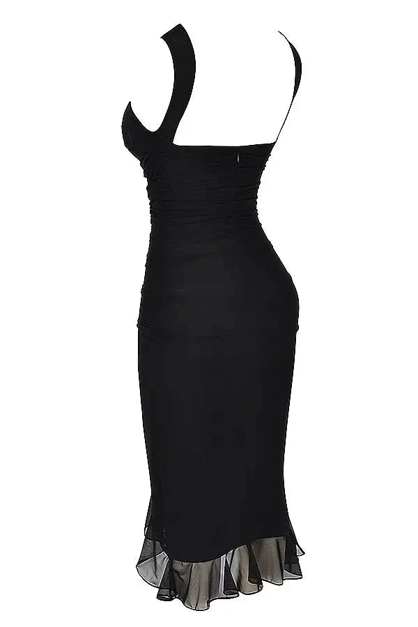 Women's Bodycon Midi Dress Mesh Asymmetrical Ruffle Boat Neck Fitted