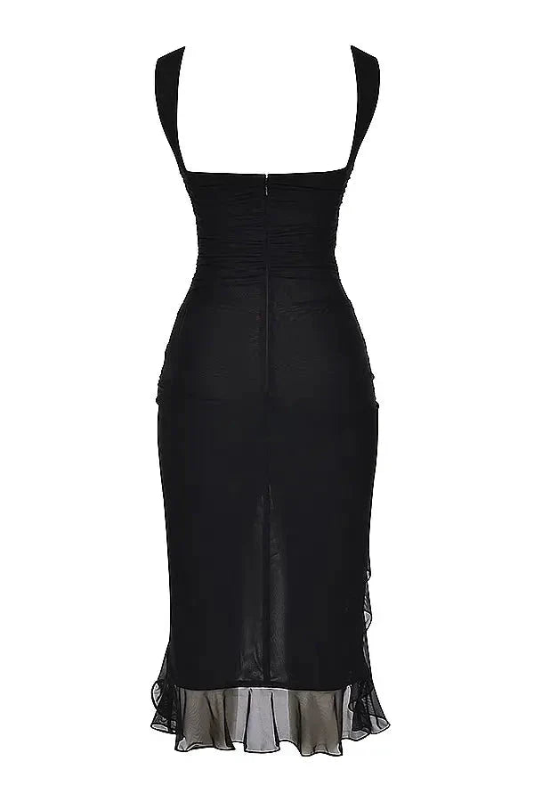 Women's Bodycon Midi Dress Mesh Asymmetrical Ruffle Boat Neck Fitted