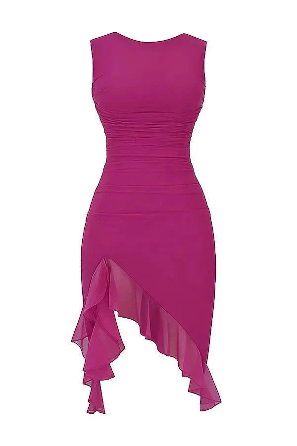 Women's Bodycon Midi Dress Mesh Asymmetrical Ruffle Boat Neck Fitted