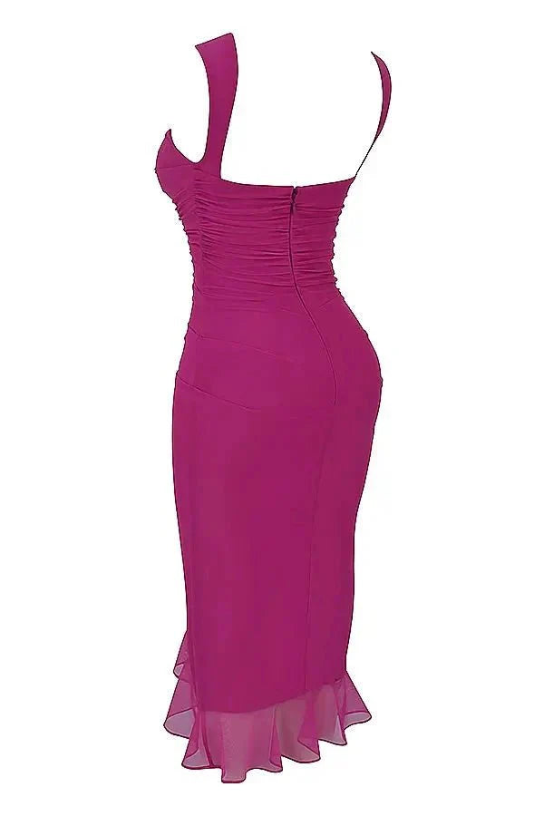 Women's Bodycon Midi Dress Mesh Asymmetrical Ruffle Boat Neck Fitted