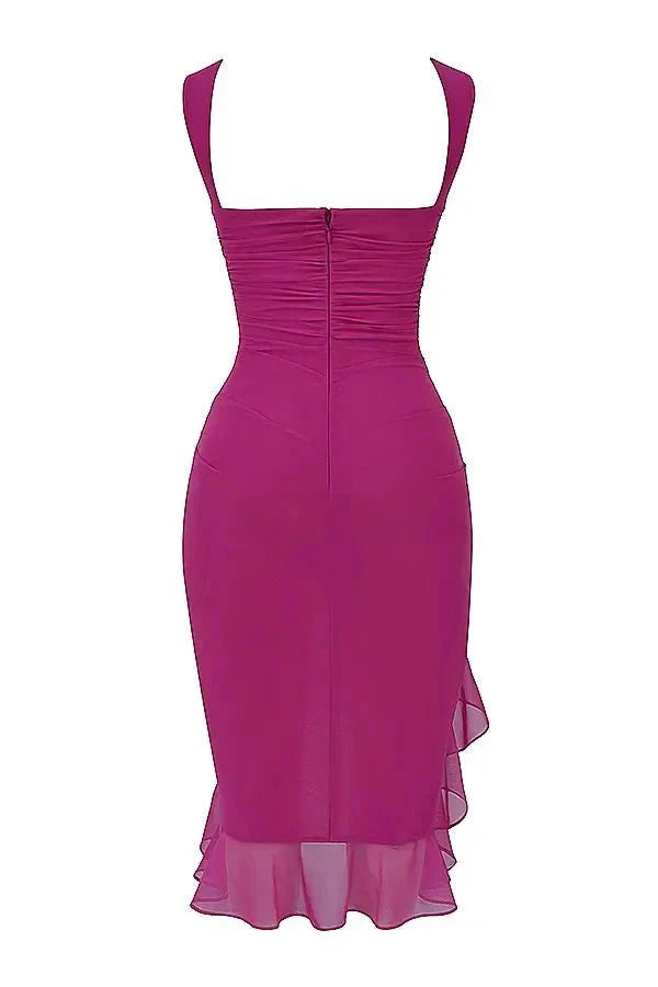 Women's Bodycon Midi Dress Mesh Asymmetrical Ruffle Boat Neck Fitted