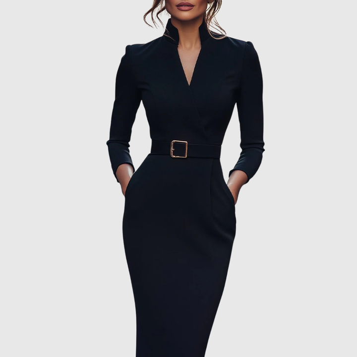 Women's Midi Dress Sheath Slim Fit Three Quarter Sleeve V-Neck Belted