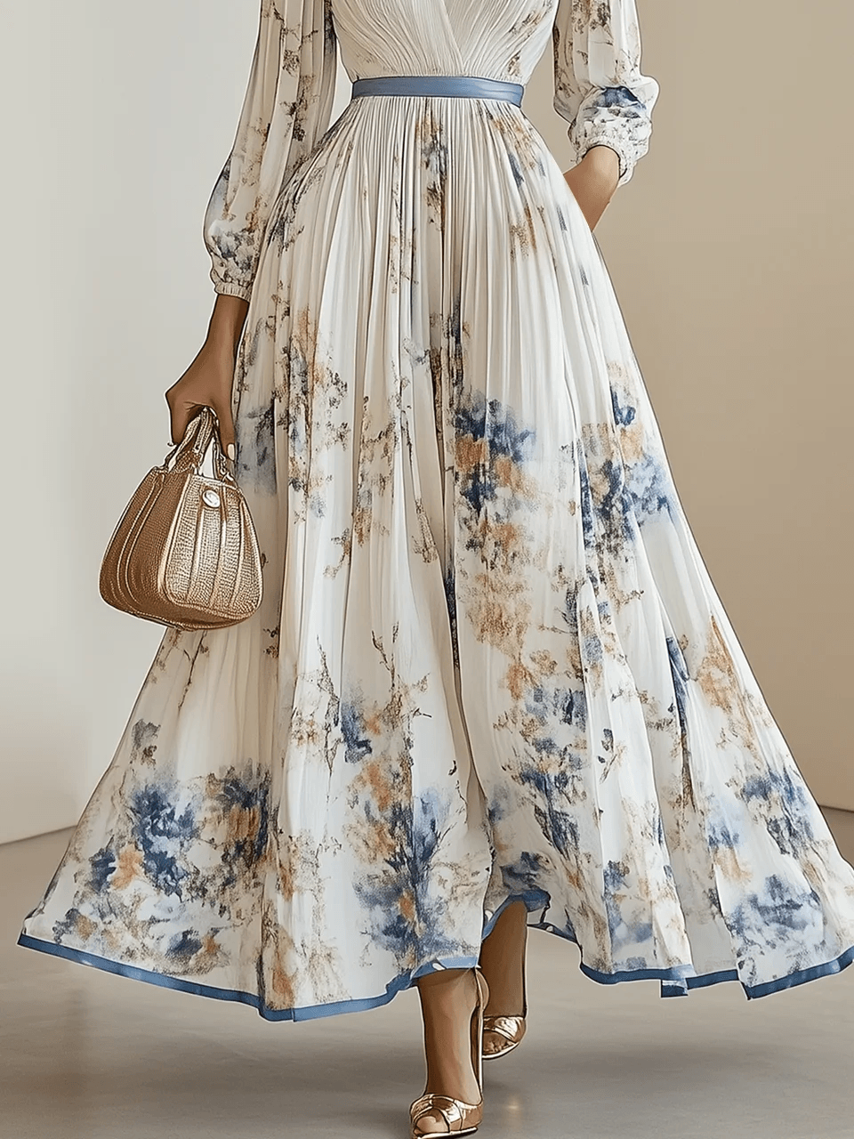 Women’s Maxi Dress Chiffon Floral Pleated A-Line V-Neck Long Sleeve Balloon Sleeve