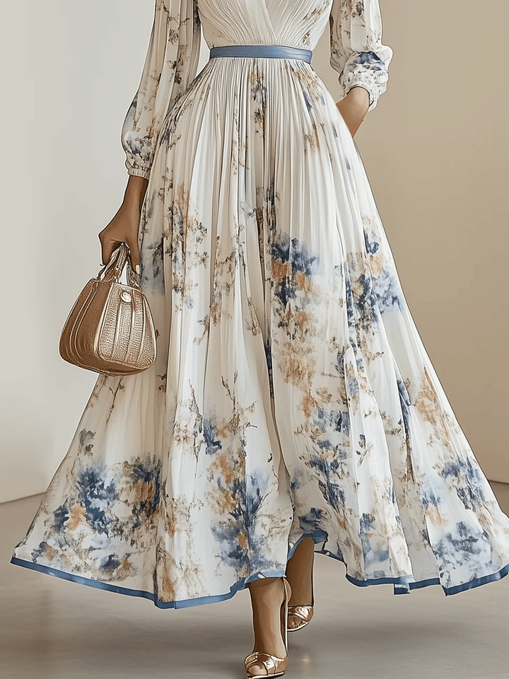 Women’s Maxi Dress Chiffon Floral Pleated A-Line V-Neck Long Sleeve Balloon Sleeve