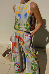 Women's Dress Linen Blend Sleeveless Printed Elastic Waist Pockets Casual Wear