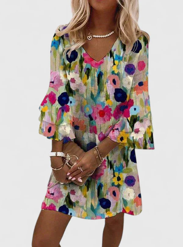 Women's Mini Dress Floral Loose Fit 3/4 Sleeve V-Neck