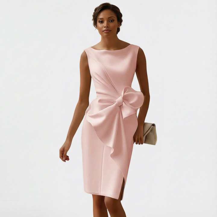 Women's Midi Dress Satin A-Line Front Bow Sleeveless Square Neck