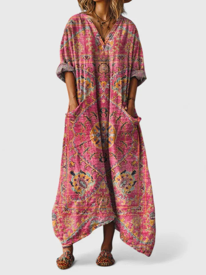 Floral Women's Dress V-Neck Viscose Short Sleeve Maxi Casual