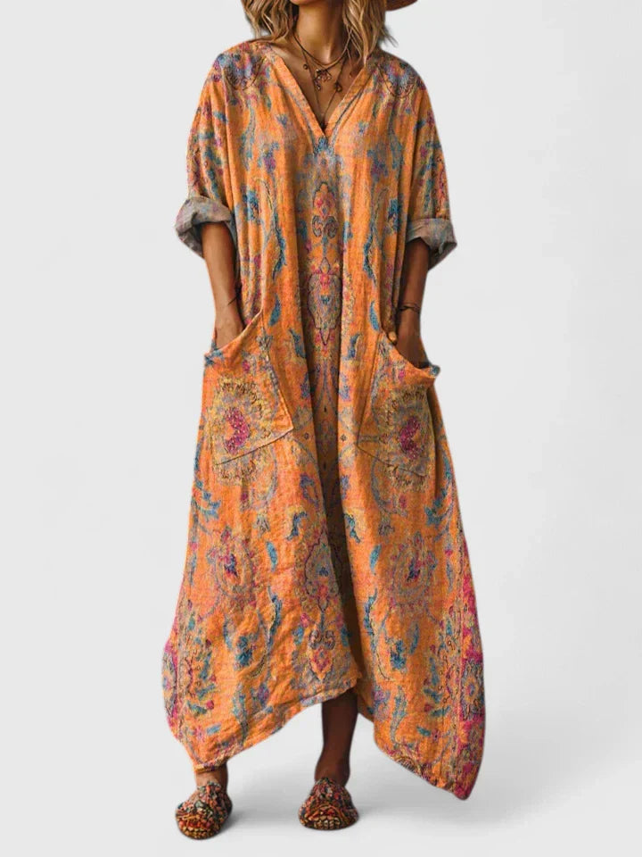 Floral Women's Dress V-Neck Viscose Short Sleeve Maxi Casual