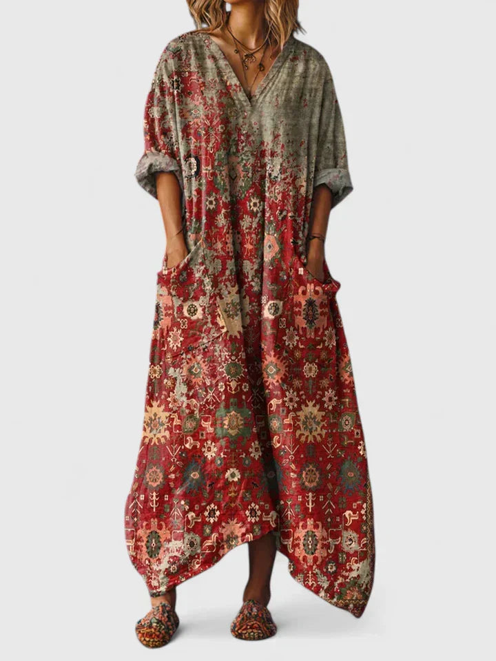 Floral Women's Dress V-Neck Viscose Short Sleeve Maxi Casual