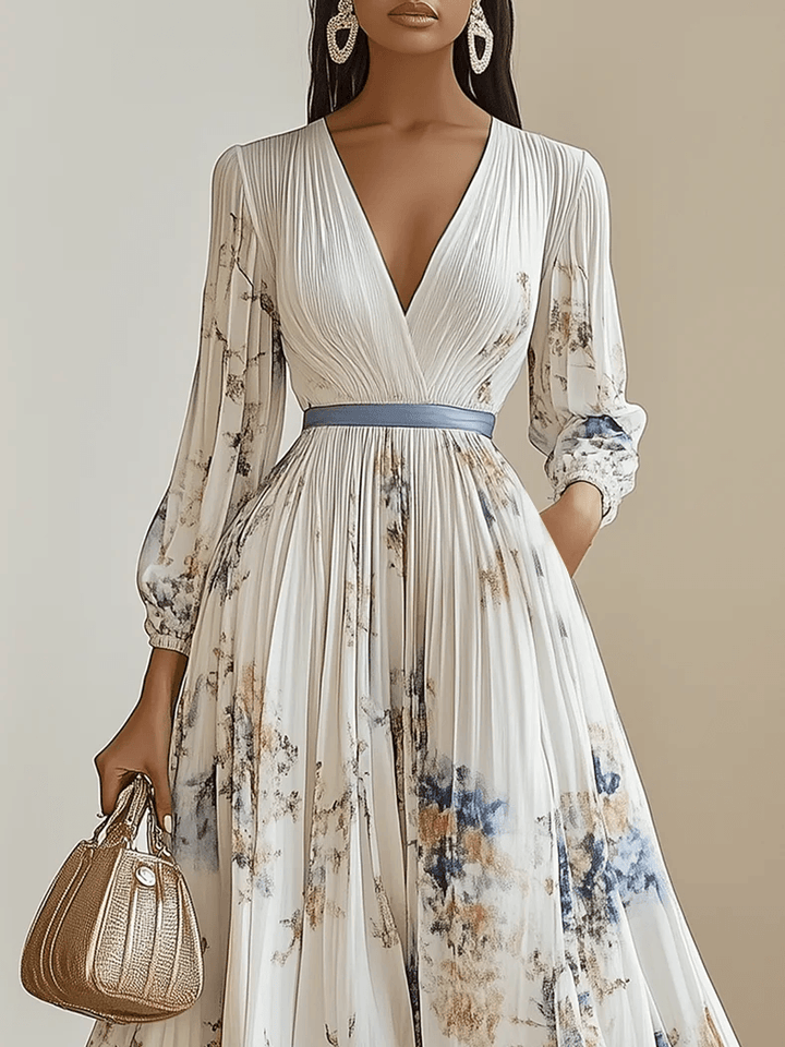 Women’s Maxi Dress Chiffon Floral Pleated A-Line V-Neck Long Sleeve Balloon Sleeve