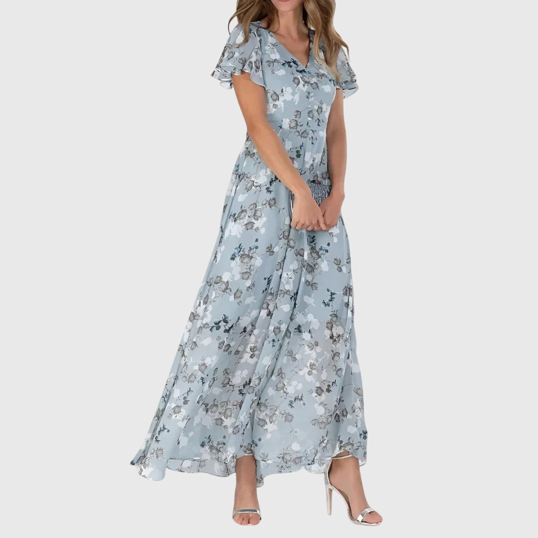 Women's Maxi Dress Floral Slim Fit Short Sleeve V-Neck