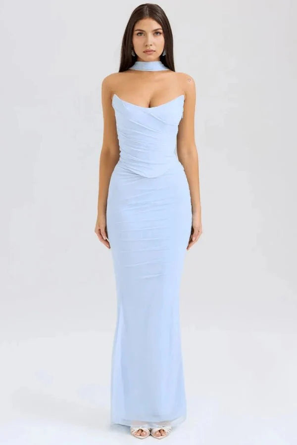 Women's Maxi Dress Mesh Draped Strapless Boned Bodice Optional Knot