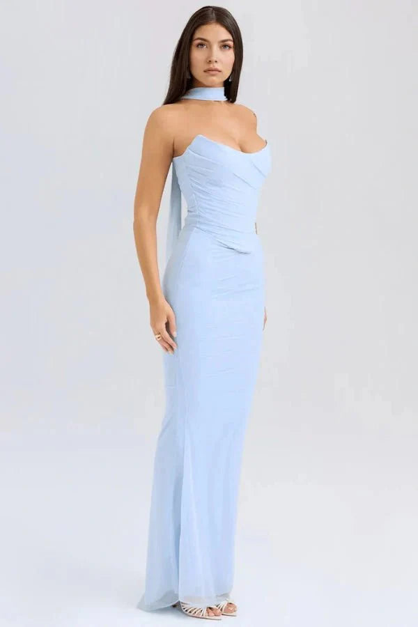 Women's Maxi Dress Mesh Draped Strapless Boned Bodice Optional Knot