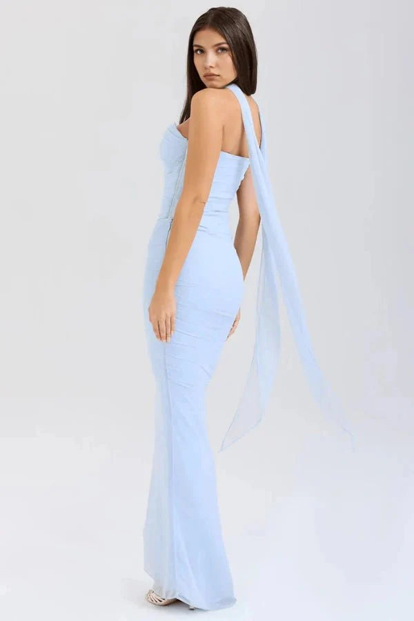Women's Maxi Dress Mesh Draped Strapless Boned Bodice Optional Knot
