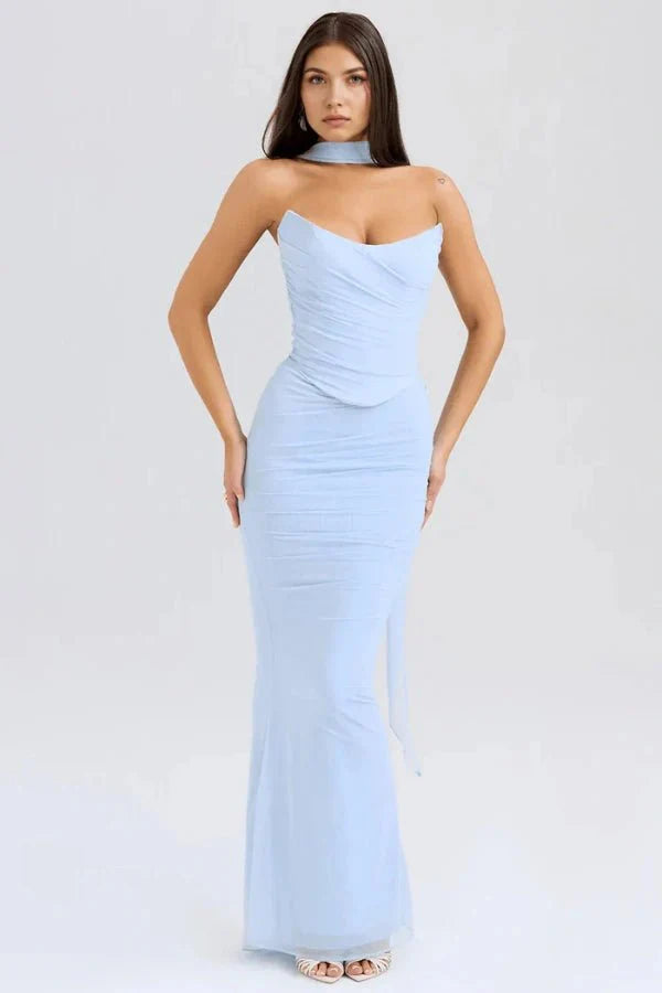 Women's Maxi Dress Mesh Draped Strapless Boned Bodice Optional Knot