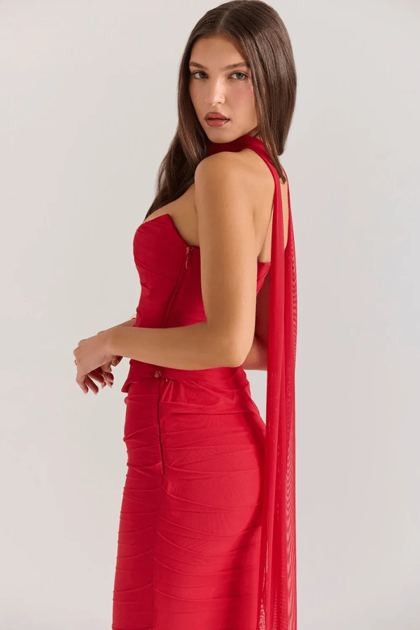 Women's Maxi Dress Mesh Draped Strapless Boned Bodice Optional Knot