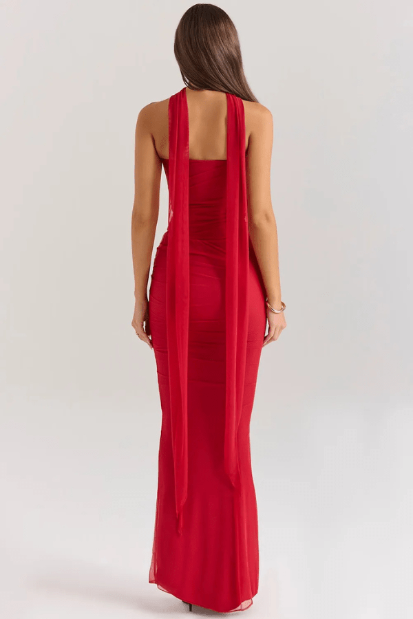 Women's Maxi Dress Mesh Draped Strapless Boned Bodice Optional Knot