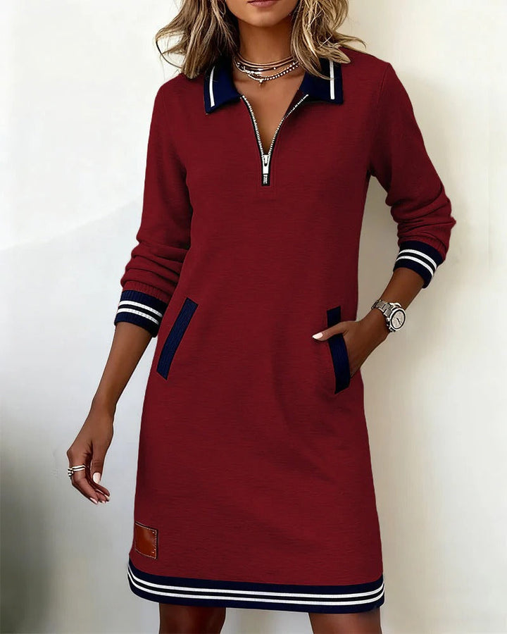 Women's Mini Dress Cotton Long Sleeve Zip-Up Collared With Pockets