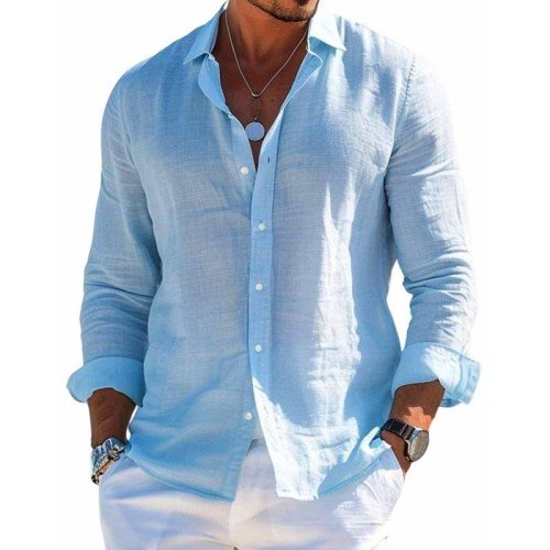 Men's Shirt Linen Blend Button-Up Long Sleeve