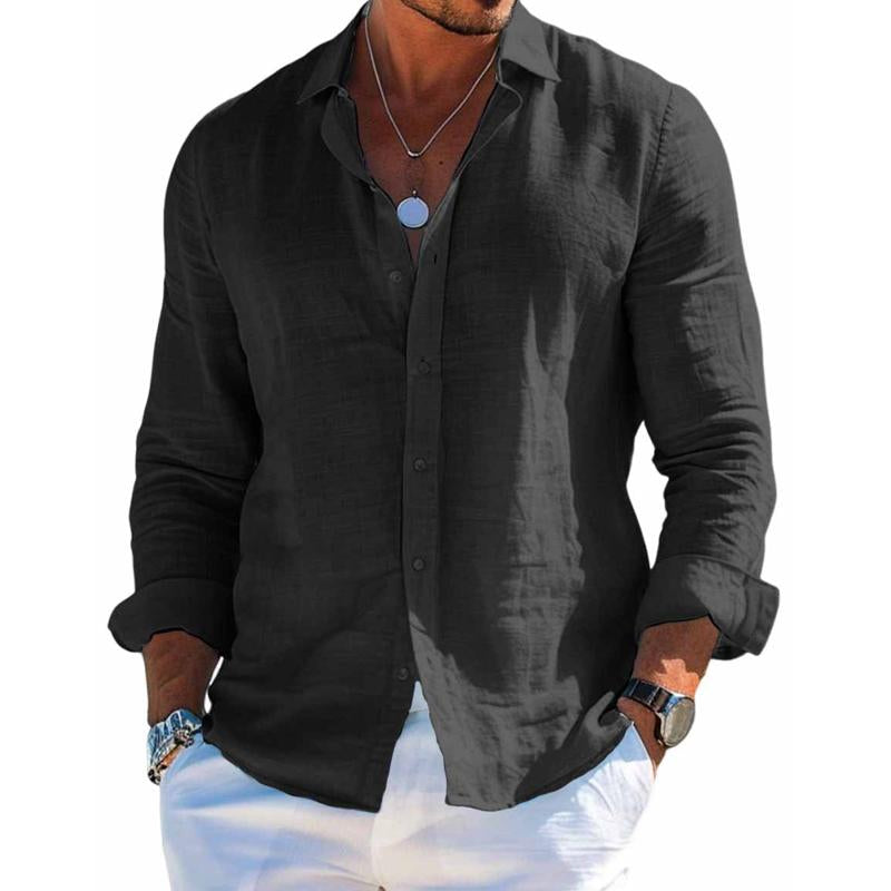 Men's Shirt Linen Blend Button-Up Long Sleeve