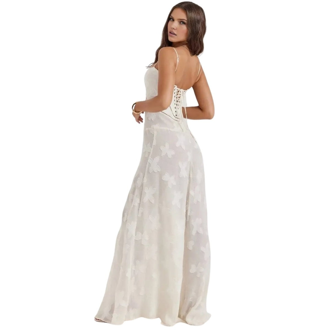 Women's Maxi Dress Corset Jacquard Floral Spaghetti Strap Lace-Up Back