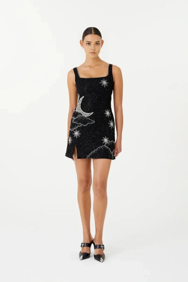 Women's Mini Dress Crepe Embellished Beaded Square Neck Strap Fitted