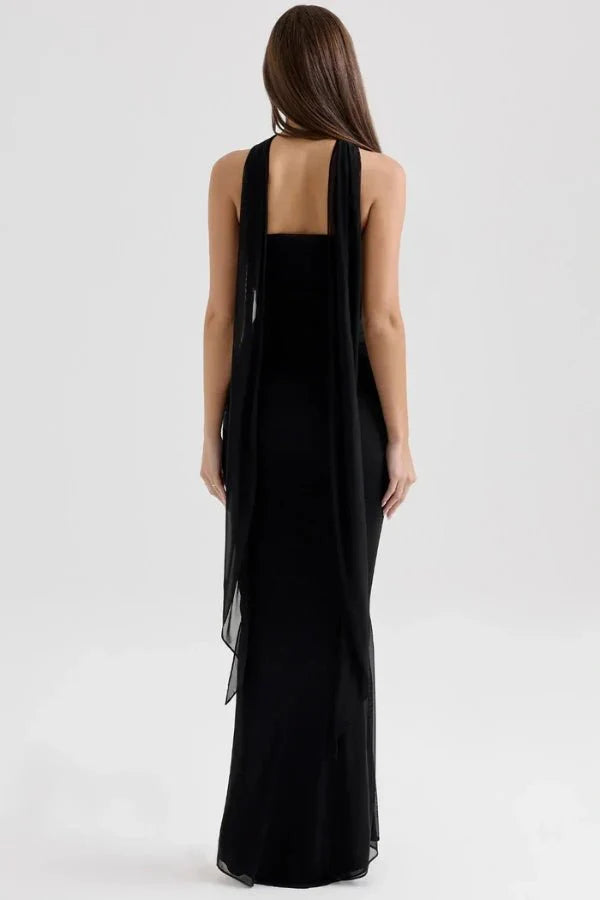 Women's Maxi Dress Mesh Draped Strapless Boned Bodice Optional Knot