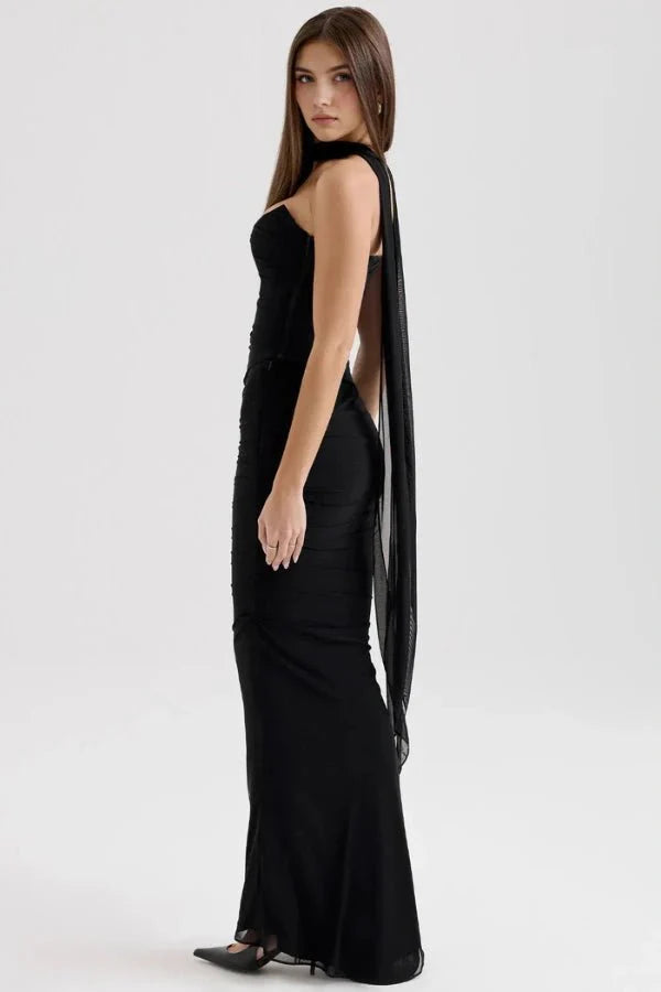 Women's Maxi Dress Mesh Draped Strapless Boned Bodice Optional Knot