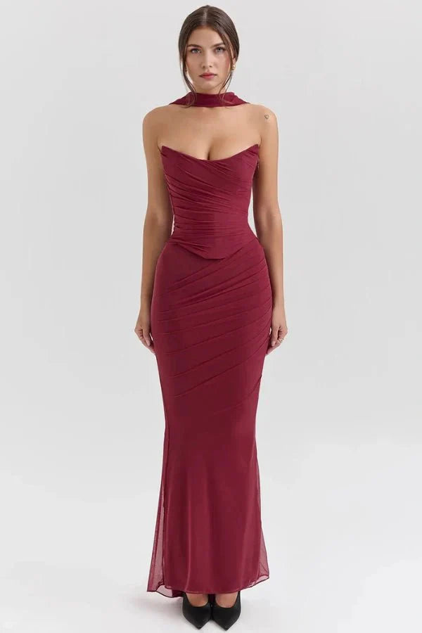 Women's Maxi Dress Mesh Draped Strapless Boned Bodice Optional Knot