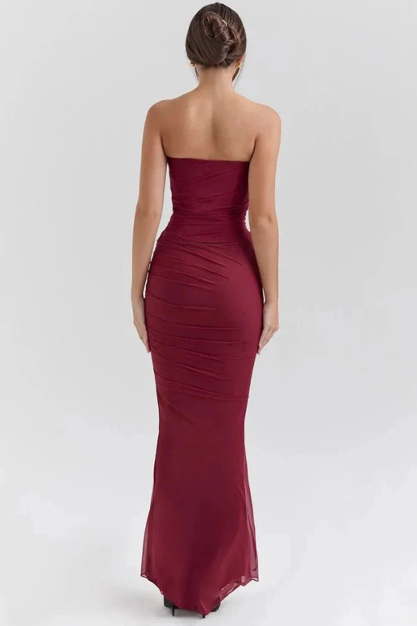 Women's Maxi Dress Mesh Draped Strapless Boned Bodice Optional Knot