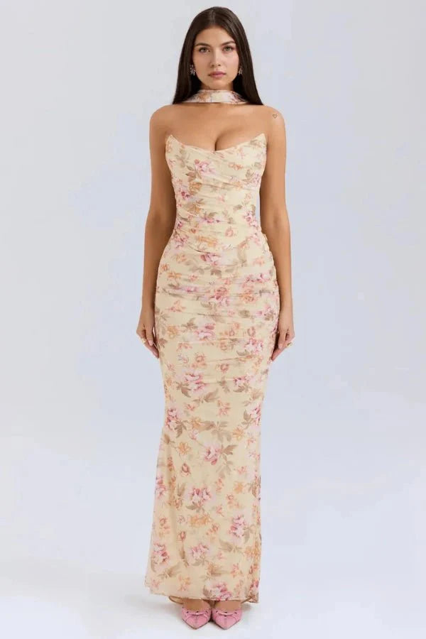 Women's Maxi Dress Mesh Draped Strapless Boned Bodice Optional Knot