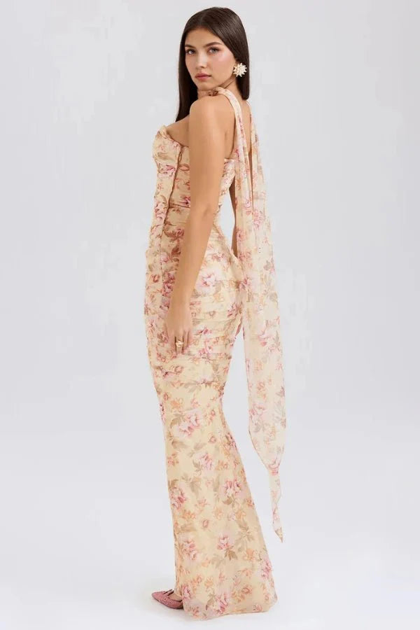 Women's Maxi Dress Mesh Draped Strapless Boned Bodice Optional Knot