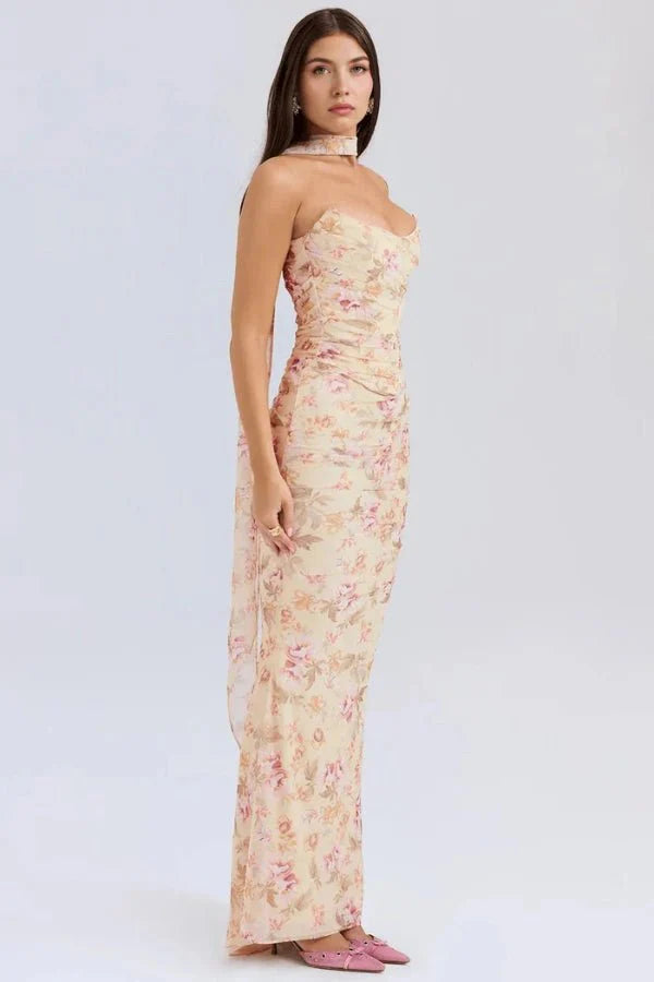 Women's Maxi Dress Mesh Draped Strapless Boned Bodice Optional Knot