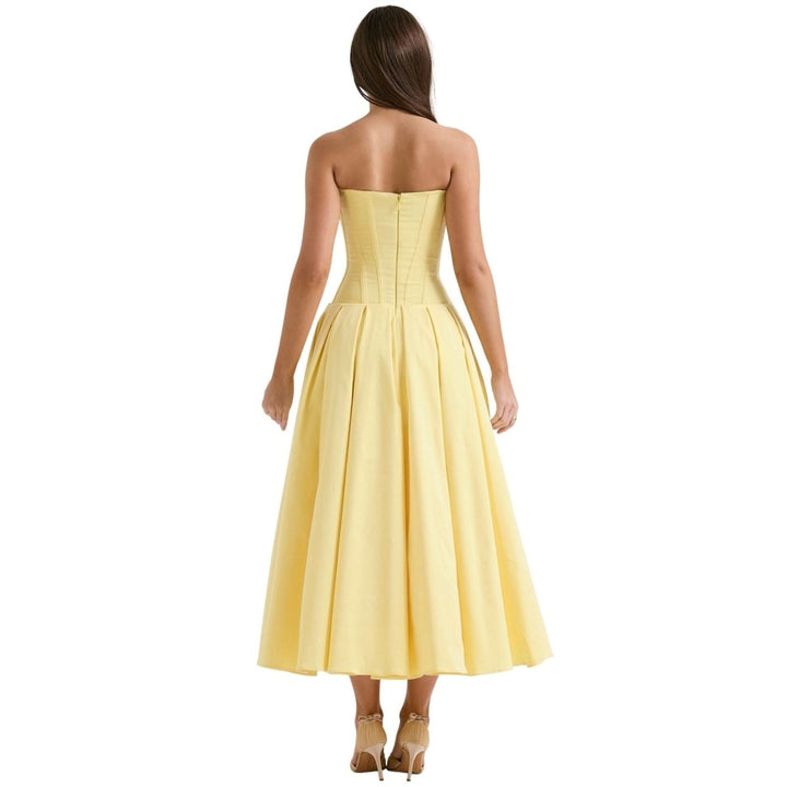 Women's Midi Dress Strapless Boned Bodice Full Skirt Zip Back