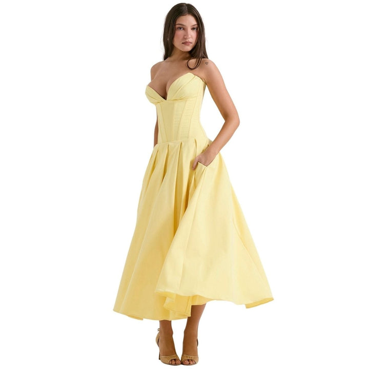 Women's Midi Dress Strapless Boned Bodice Full Skirt Zip Back