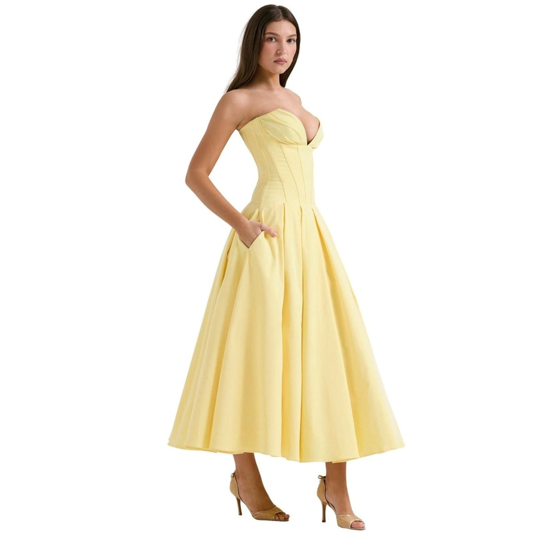 Women's Midi Dress Strapless Boned Bodice Full Skirt Zip Back