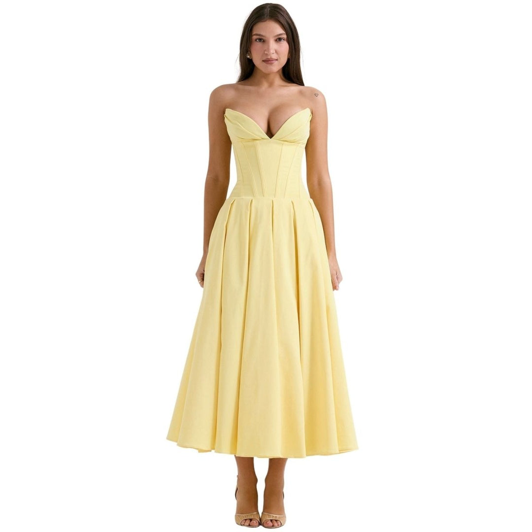 Women's Midi Dress Strapless Boned Bodice Full Skirt Zip Back