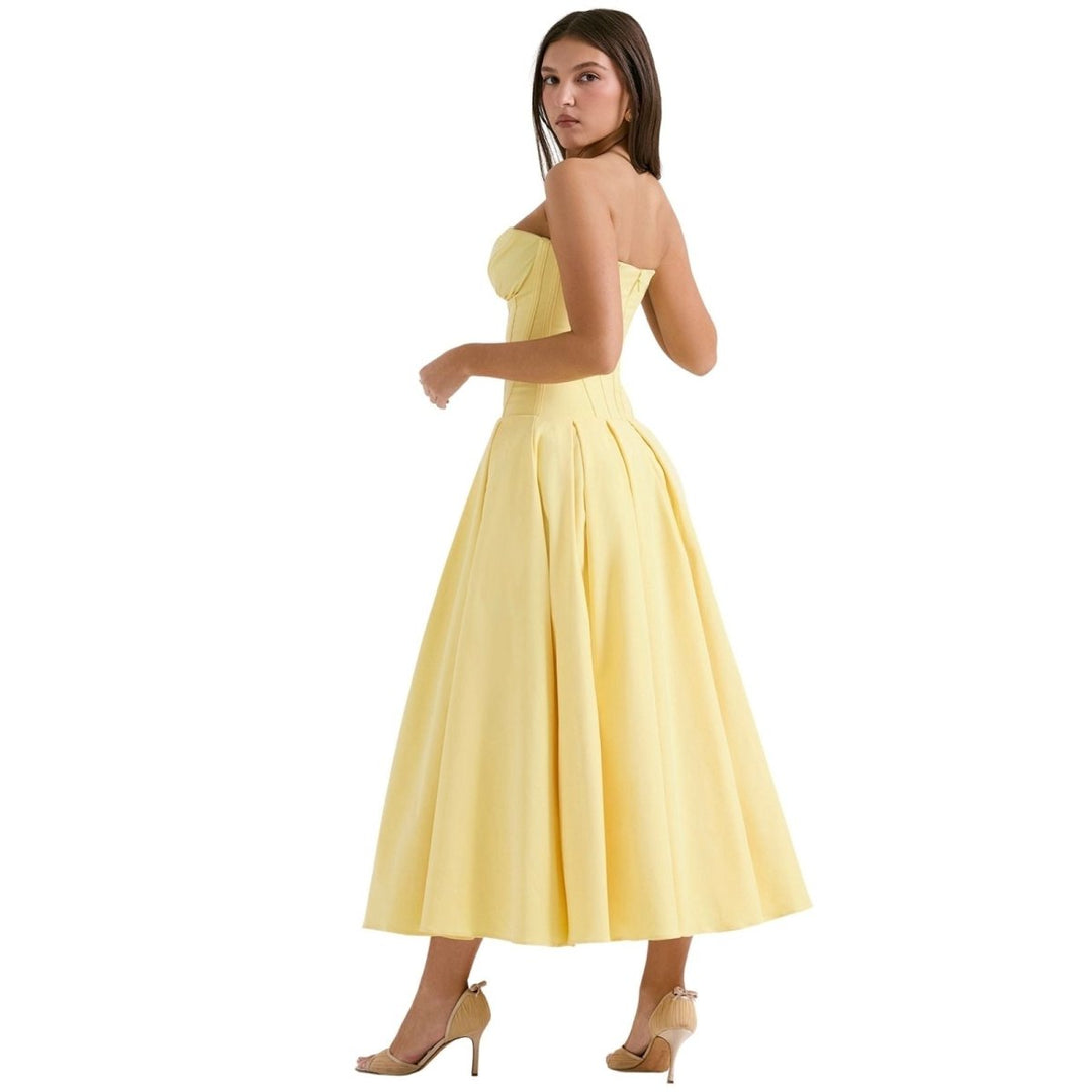 Women's Midi Dress Strapless Boned Bodice Full Skirt Zip Back