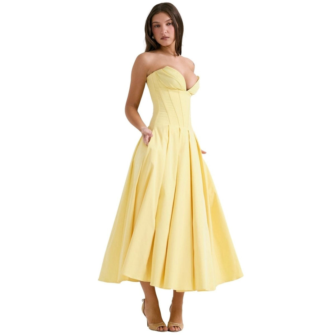 Women's Midi Dress Strapless Boned Bodice Full Skirt Zip Back
