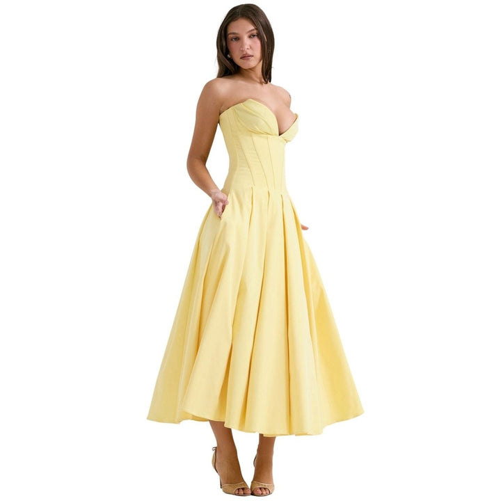 Women's Midi Dress Strapless Boned Bodice Full Skirt Zip Back